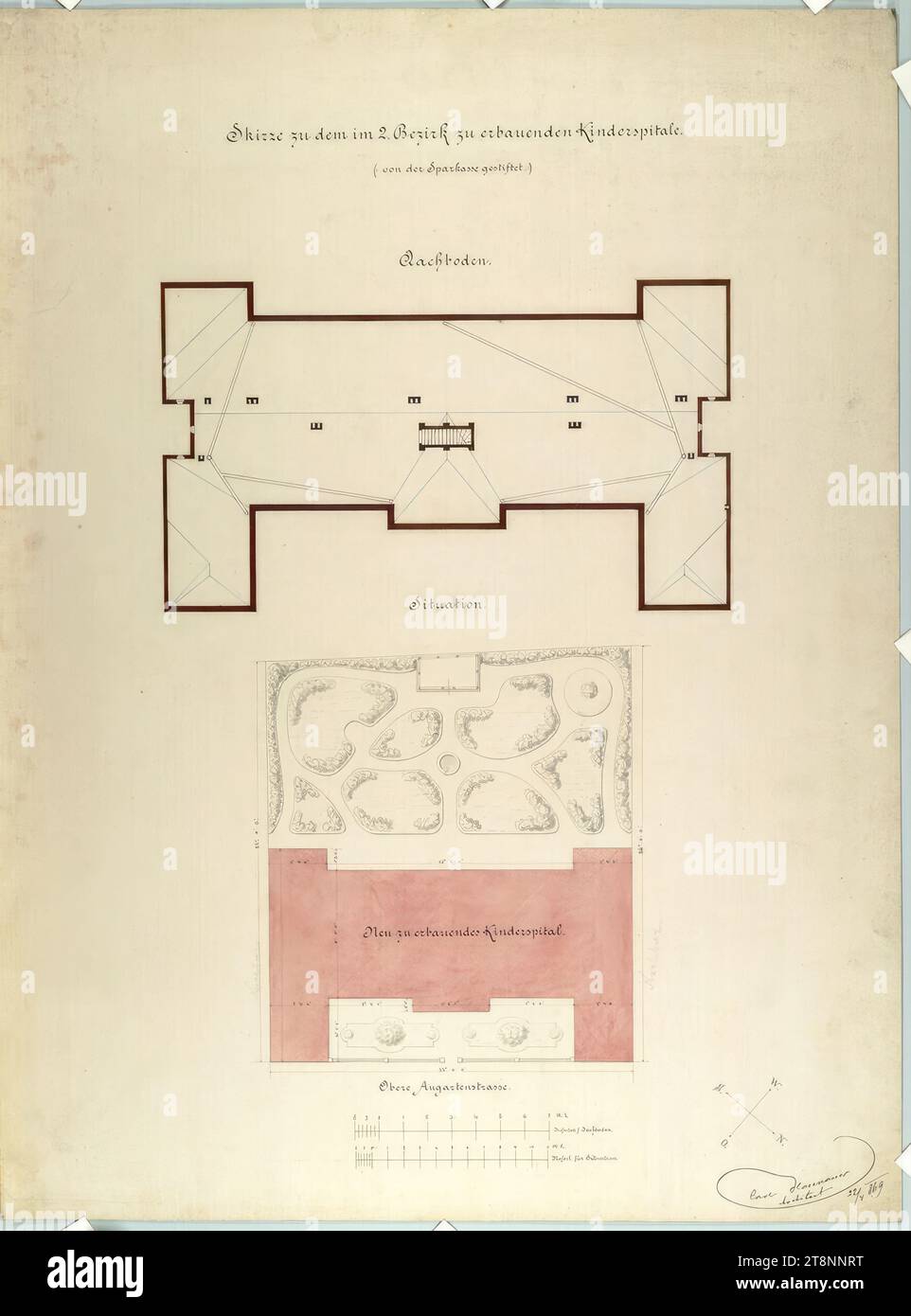 Wien II, obere Augartenstraße, Kinderkrankenhaus, Grundriss und Grundriss, Carl von Hasenauer (Wien 1833 - 1894 Wien), 22. April 1869, Plan, Bleistift, Tinte mit Stift auf Papier, Aquarell, 'Skizze für das Kinderkrankenhaus, das im 2. Bezirk gebaut werden soll./ (: gespendet von der Sparkasse.:)/ Attisch.', 'Situation Stockfoto