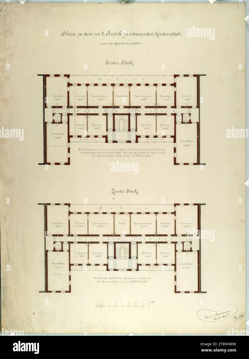 Wien II, obere Augartenstraße, Kinderkrankenhaus, Grundrisse, Carl von Hasenauer (Wien 1833 - 1894 Wien), 22. April 1869, Plan, Tusche und Stift auf Papier, 'Skizze für das Kinderkrankenhaus, das im 2. Bezirk gebaut werden soll./ (: von der Sparkasse gespendet.:)/ erster Stock.", "die Referenzräume messen insgesamt 4.892 []", beleuchtet von 126 Cur. Fußfenster,/ es berücksichtigt daher 1. C. F. Fenster 38,8 []'. Der Kubikgehalt der Räume wird auf eine Raumhöhe von 12' 2 58 geschätzt. 704 Kub. Fuß.“, „zweiter Stock“. Stockfoto