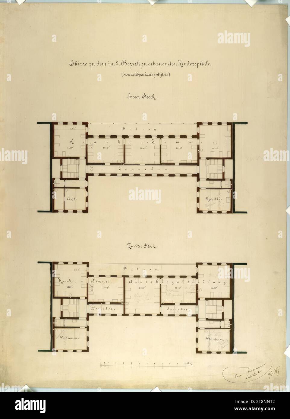 Wien II, obere Augartenstraße 26, Kinderkrankenhaus, Grundrisse, Carl von Hasenauer (Wien 1833 - 1894 Wien), 10. Mai 1869, Plan, Tusche und Stift auf Papier, 'Skizze für das Kinderkrankenhaus, das im 2. Bezirk errichtet werden soll./ (: Von gespendet an die Sparkasse.:)/ 1. Stock.', '2. Stock Stockfoto