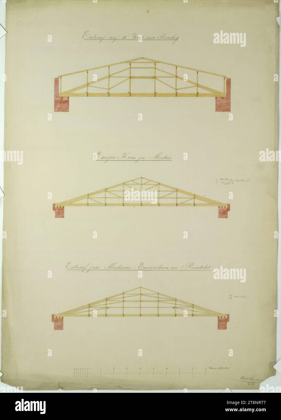 Moskau, Paradehaus, Dachfachwerkbau und Dachfachwerkbau, Querschnitte, Carl von Hasenauer (Wien 1833 - 1894 Wien), 6. Februar 1851, Architekturzeichnung, Stift in schwarz, Bleistift, Aquarell, Blatt: 58,5 cm x 41 cm, 'Entwurf auf 80' weit nach Romberg', 'Exerzierhaus zu Moskau', 'a. verbunden mit Keilen/ B. verschlossen.', 'Entwurf für Moskau, Paradehaus von Ronetelet.', 'a/b/ wie oben Stockfoto