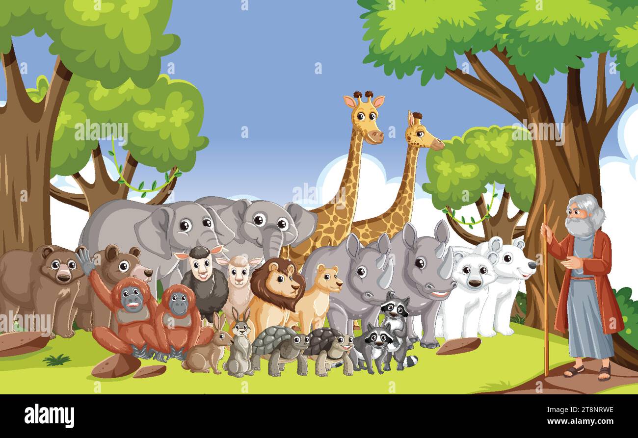 Illustration einer Gruppe wilder Tiere im Zeichentrickstil, inspiriert von der Bibelgeschichte Noahs Stock Vektor