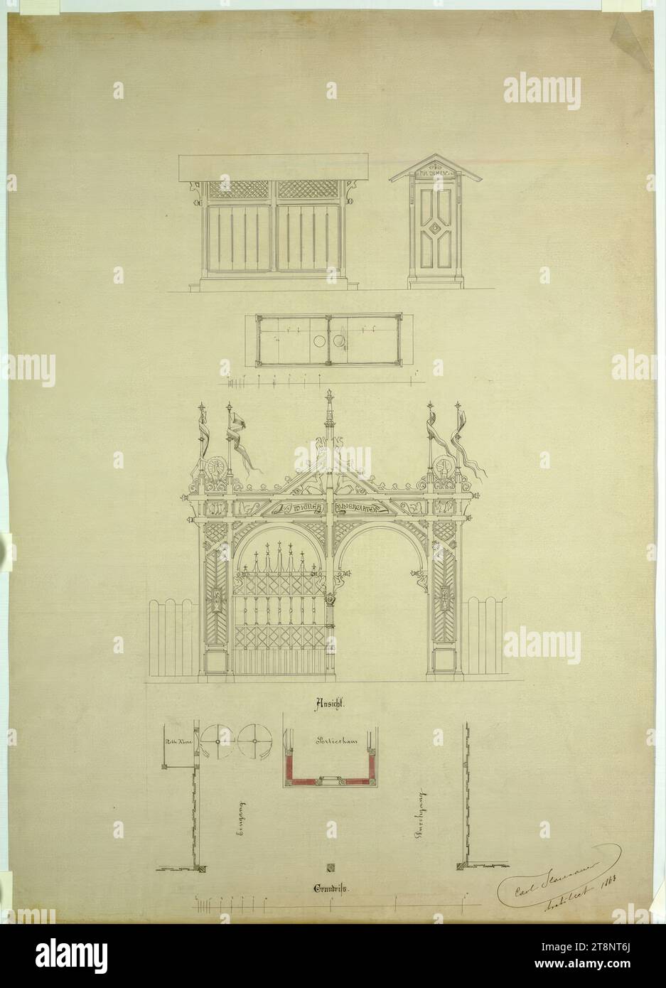 Wien II, Prater (Schüttel), Wiener Tiergarten, Eingangsportal und WC-Anlagen, Grundrisse und Erhebungen, Carl von Hasenauer (Wien 1833 - 1894 Wien), 1863, Grundriss, Tagungspapier auf Papier, Stift und Tinte in schwarz und rot, Aquarell, 646 x 452 mm, 'FÜR FRAUEN', 'WIENER THIERGARTEN', 'Aussicht.', 'Grundriss. Stockfoto