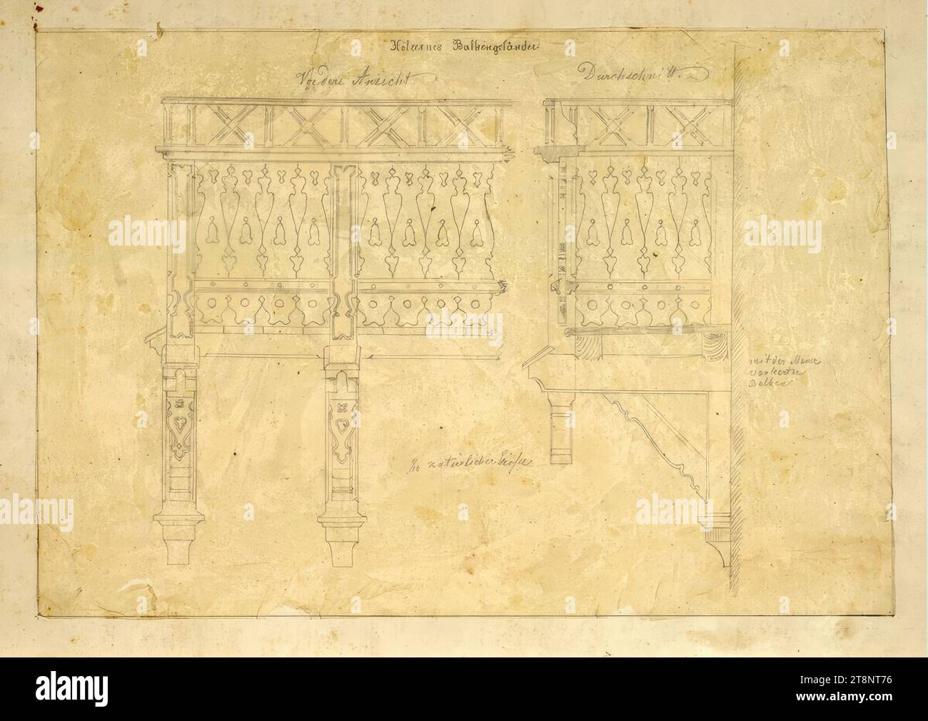 Holzbalkon, Höhe und Abschnitt, Carl von Hasenauer (Wien 1833 - 1894 Wien), Architekturzeichnung, Bleistift, Blatt: 24,9 cm x 36,4 cm, 'Holzbalkengeländer', 'Vorderansicht', 'Durchschnitt', ' mit der Wand/ verankert/ Balken', '1/10 natürliche Größe' Stockfoto