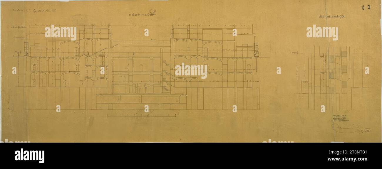 Wien I, Burgtheater, Keller, Querschnitte, Carl von Hasenauer (Wien 1833 - 1894 Wien), 25.8,1875, Plan, Stift, x mm, 'BAULEITUNG/ FÜR DIE KK/ HOF MUSEEN/ UND DAS KK/ HOF-SCHAUSPIELHAUS', '37', '... Beatmungssystem für Prof. Dr. Boehm", "CUT EF. (Durchgestrichen, stattdessen:) lm“, „Schnitt auf G H Stockfoto