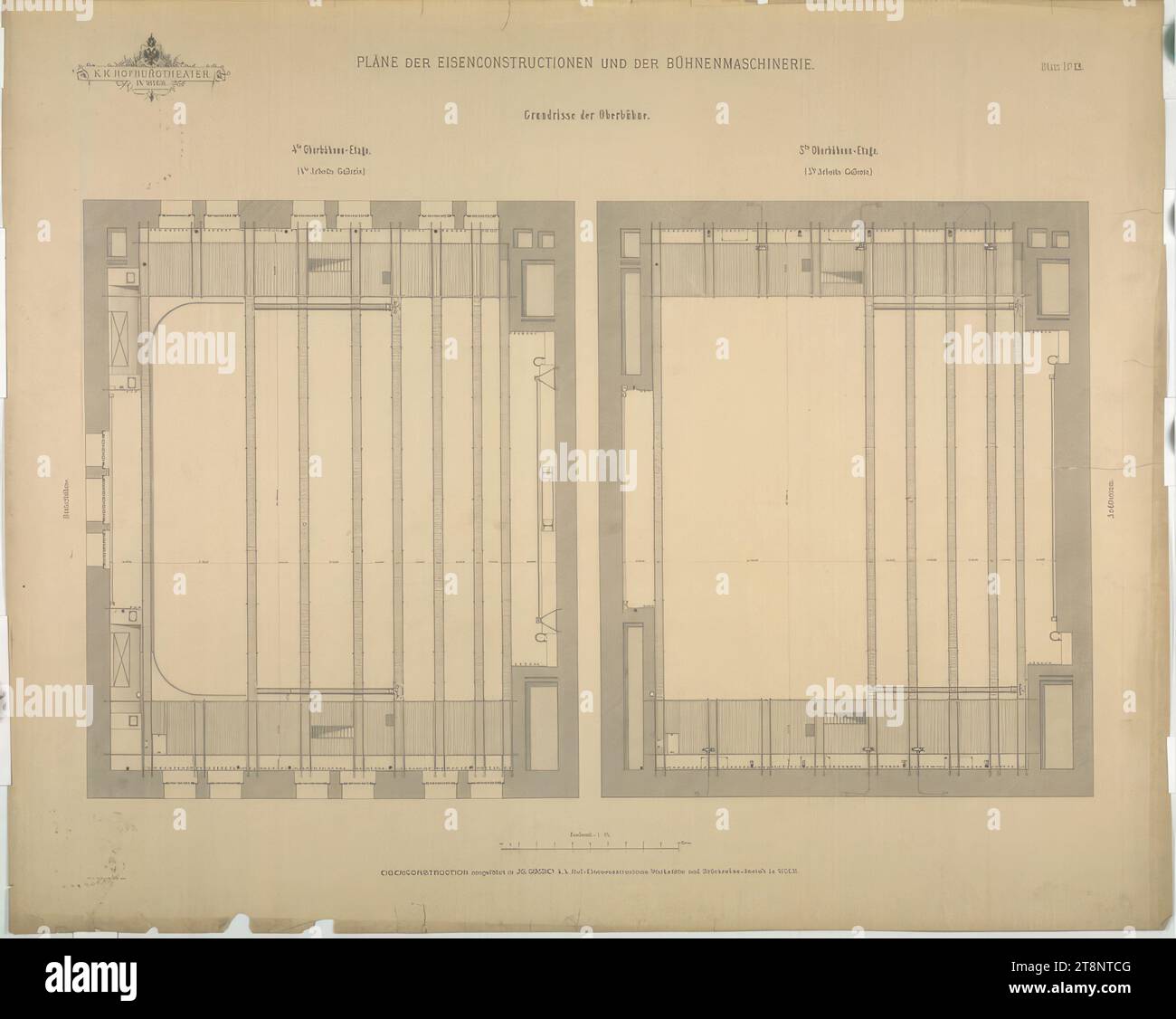 Wien I, Burgtheater, Bühnenbau, 3. Und 4. Oberbühne, Grundrisse, Carl von Hasenauer (Wien 1833 - 1894 Wien), Architekturzeichnung, Break, x mm, "K. K. HOFBURGTHEATER/ IN WIEN", "PLÄNE DER EISENBAUTEN UND DER BÜHNENMASCHINERIE.", "Blatt Nr. 13.", "Grundrisse der Oberbühne.", '4. Obergeschoss./ (4. Arbeitsgalerie.)', '3. Obergeschoss./ (3. Arbeitsgalerie.)', 'EISENBAU ausgeführt in JG. GRIDE's k. k. Hof-Eisenkonstruktions-Werkstätte und Brückenbau-Anstalt in WIEN Stockfoto