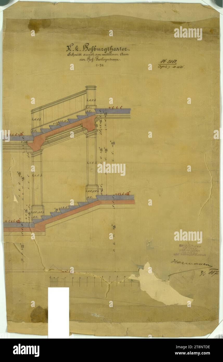 Wien I, Burgtheater, Treppe zum Hofzeremonialkasten, Schnitt, Carl von Hasenauer (Wien 1833 - 1894 Wien), 4. März 1887, Transparentpapier, Stift, Aquarell, 587 x 380 mm, "BAULEITUNG/ FÜR DIE K./ HOF-MUSEEN/ UND DAS K. K./ HOF-SCHAUSPIELHAUS", "K. k. Hofburgtheater./ Schnitt durch den Mittelarm/ der Hoffesttreppe./ 1. 24", "Nr. 2182/ Kopie von Nr. 2181 Stockfoto