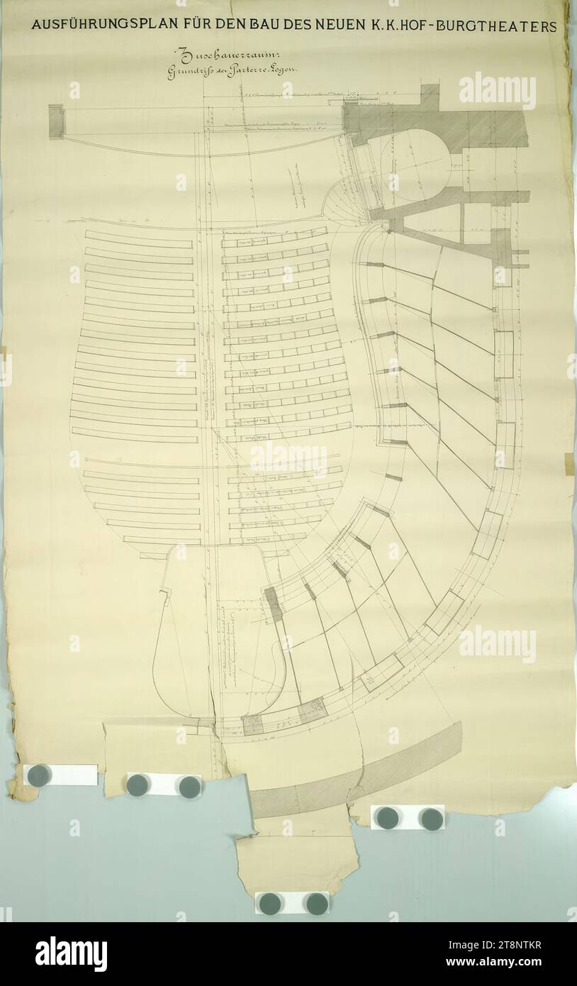 Wien I, Burgtheater, Auditorium, Erdgeschoss, Grundriss, Carl von Hasenauer (Wien 1833 - 1894 Wien), Plan, Break, 1570 x 985 mm, 'AUSFÜHRUNGSPLAN FÜR DEN BAU DES NEUEN K. K. K. HOF-BURGTHEATERS/ Auditorium./ Grundriss der Parterre- Lodges Stockfoto