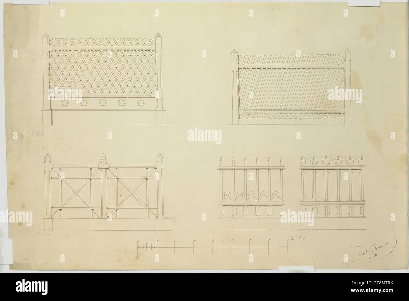 Holzzäune, Erhebungen, Carl von Hasenauer (Wien 1833 - 1894 Wien), 17. Januar 1857, Architekturzeichnung, Stift und Tusche in schwarz, Blatt: 27 cm x 41,2 cm Stockfoto