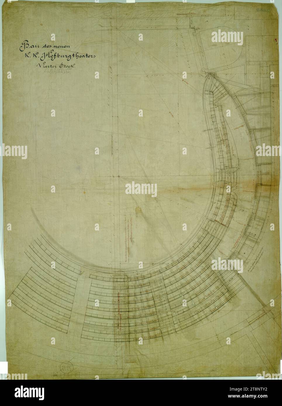 Wien I, Burgtheater, Auditorium, 4. Stock (4. Galerie), Grundriss, Carl von Hasenauer (Wien 1833 - 1894 Wien), Grundriss, Wachsleinwand, Stift und Tinte in schwarz und rot, 1296 x 955 mm, Bau des Neuen/ k . k. Hofburgtheaters/ Vierter Stock./ 4. GALERIE, '2685 Stockfoto