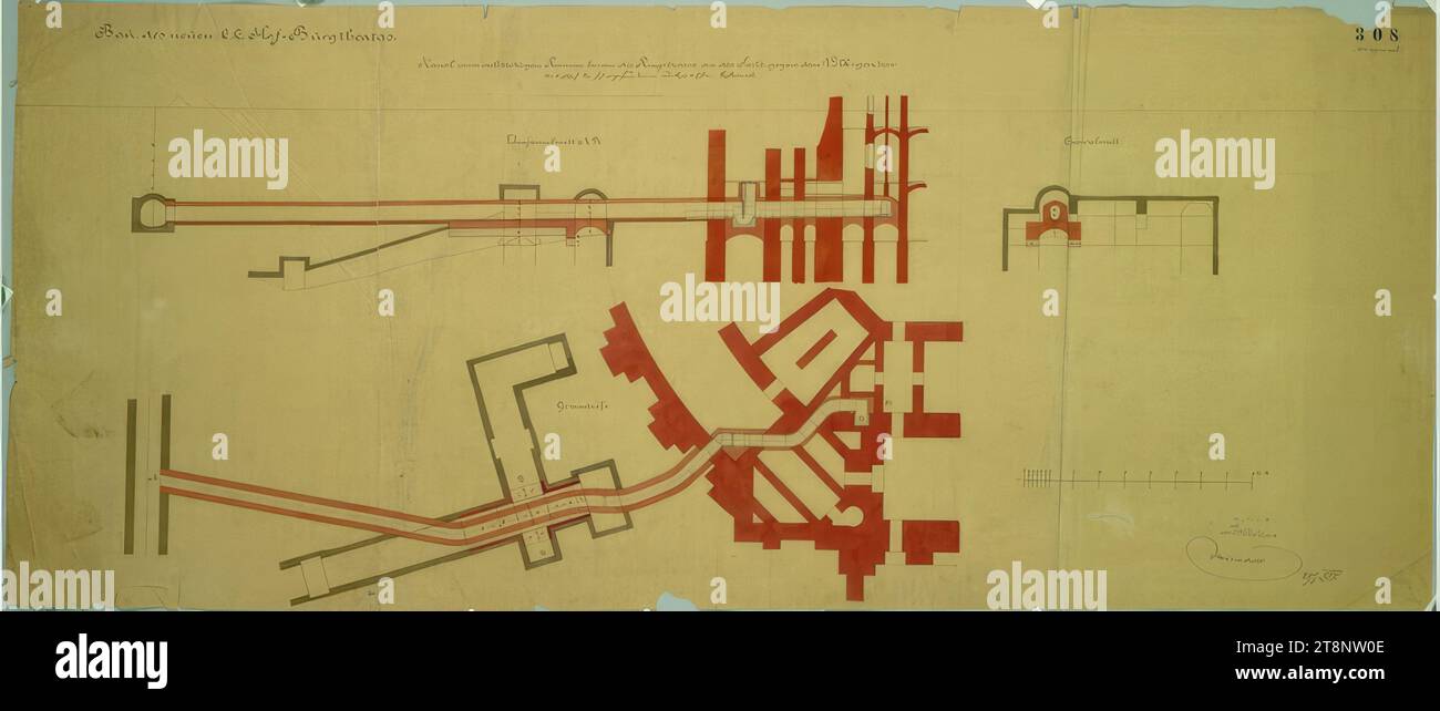 Wien I, Burgtheater, Kanalsystem mit alten Kasematten, Grundriss und Sektionen, Carl von Hasenauer (Wien 1833 - 1894 Wien), 25. Mai 1877, Plan, Stift und Tinte in schwarz, rot, braun und blau, Aquarell, 621 x 1466 mm, "BAULEITUNG, FÜR DIE K. K./ HOF MUSEEN/ UND DAS K. K./ HOF SCHAUSPIELHAUS", "Bau des neuen k. k. Hof-Burgtheaters.", "Kanal vom achteckigen Raum zur Ringstraße auf der Seite gegenüber dem Volksgarten./ anlässlich der ... (Hier?) Unterirdische Casamate (sic)/ von der Achse (sic) des Kanals unter der Ringstraße bis zur Achse der beiden Flügel gefunden. Stockfoto