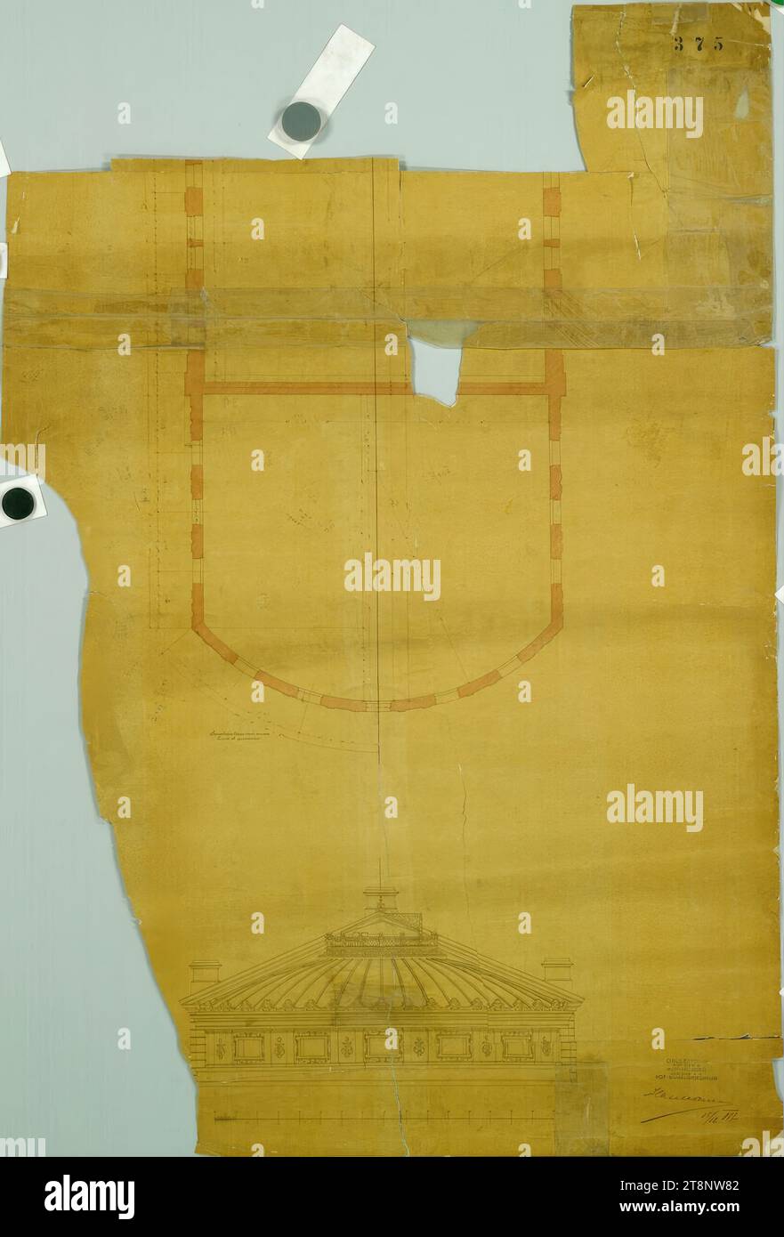 Wien I, Burgtheater, oberer Teil des Auditoriums und des Bühnengebäudes, Grundriss und Höhe, Carl von Hasenauer (Wien 1833 - 1894 Wien), 15. Dezember 1877, Plan, Stift und Tinte in schwarz und rot, 1080 x 725 mm, "BAULEITUNG/ FÜR DIE K. K./ HOF-MUSEEN/ UND DAS K./ HOF-SCHAUSPIELHAUS", '375/ Copie Stockfoto