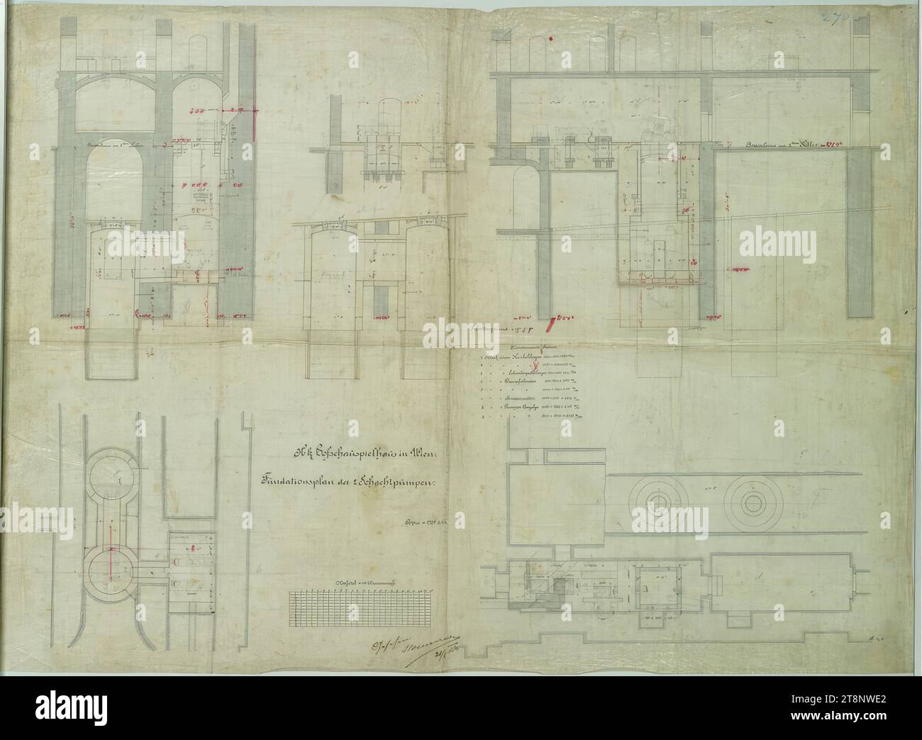 Wien I, Burgtheater, Grundriss für die beiden Wellenpumpen, Grundrisse und Abschnitte, Carl von Hasenauer (Wien 1833 - 1894 Wien), 19. Und 21. Juni 1886, Grundriss, Wachsleinwand, Stift in schwarz, rot und blau, Aquarell, Bleistift, 781 x 1068 mm, '2706', "K. k. Hofschauspielhaus in Wien./ Gründungsplan der beiden Wellenpumpen.", "Copie v. No  234 Stockfoto