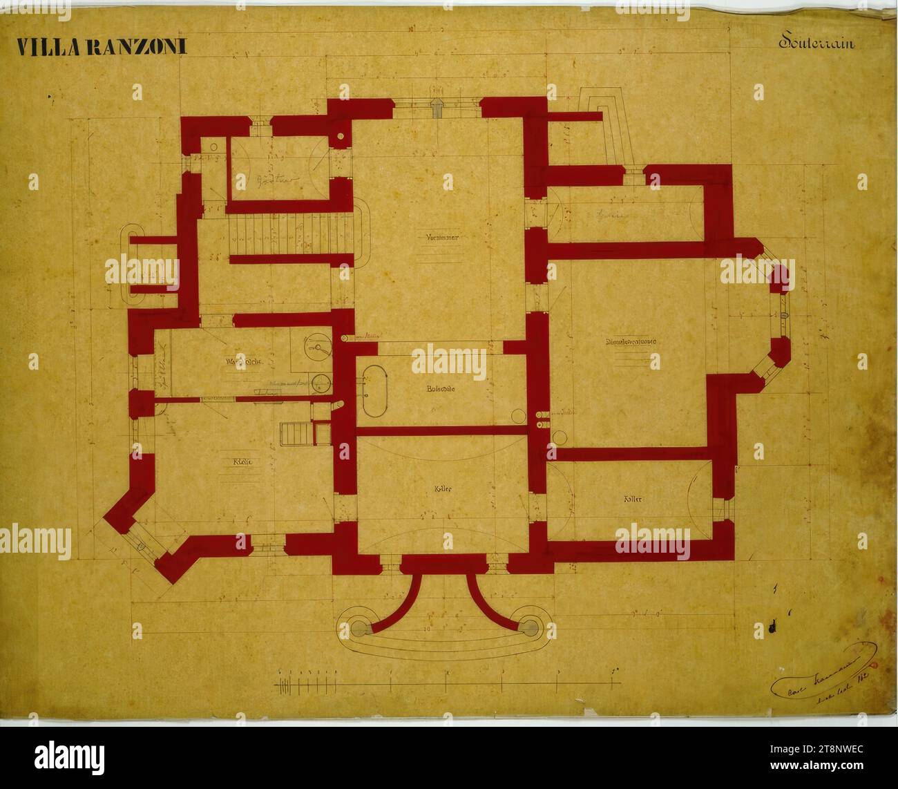 Oberösterreich, Traunsee, Altmünster, Villa Ranzoni, Keller, Grundriss, Carl von Hasenauer (Wien 1833 - 1894 Wien), 1862, Grundriss, Bleistift, Stift in schwarz und rot, Aquarell, 510 x 662 mm, 'VILLA RANZONI', 'Keller' Stockfoto