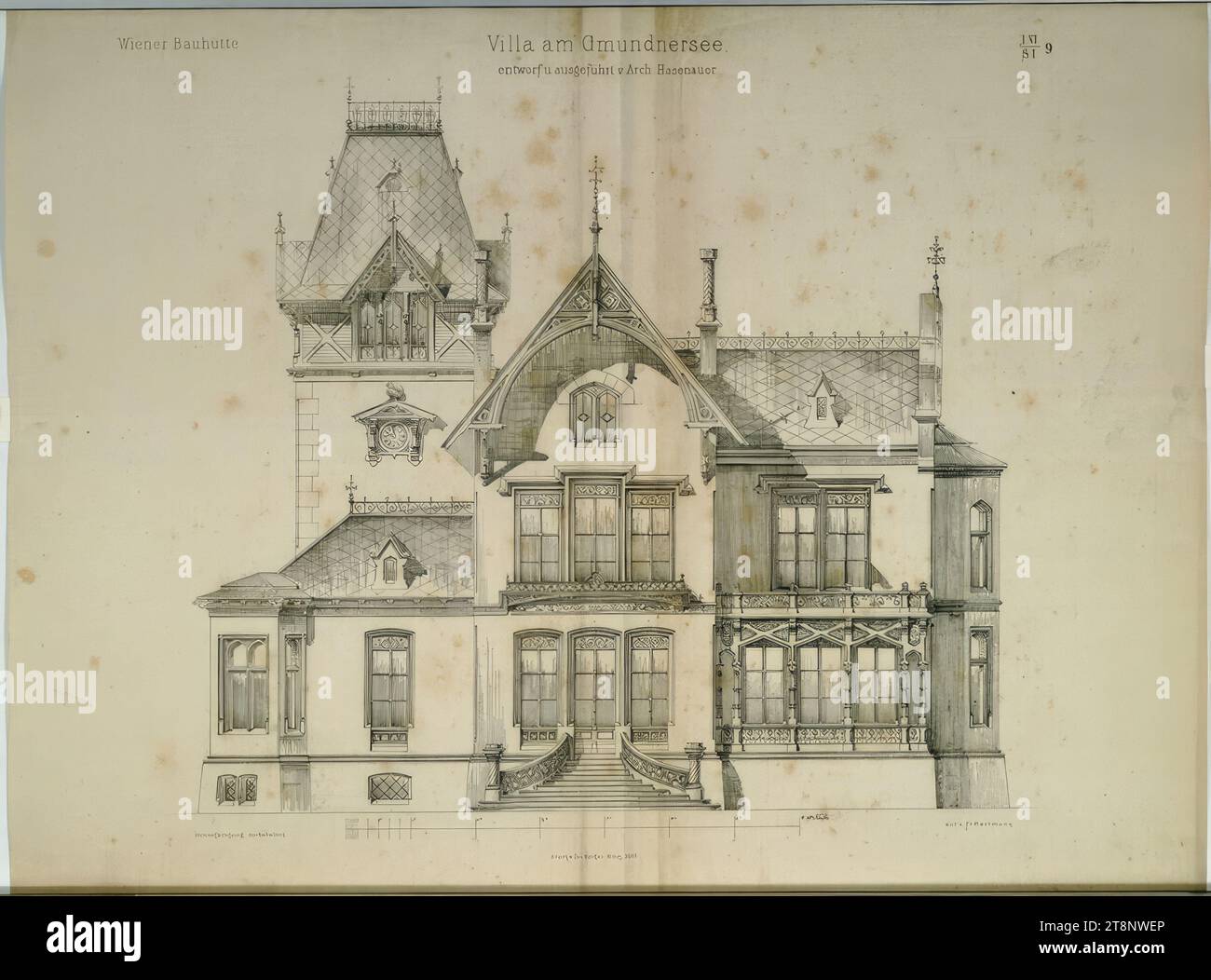 Oberösterreich, Traunsee, Altmünster, Villa Ranzoni, Ostfassade, Elevation, Carl von Hasenauer (Wien 1833 - 1894 Wien), 1867, Architekturzeichnung, Break, 554 x 737 mm, Wiener Bauhütte, Villa am Gmundnersee./ gestaltet. Und von Arch ausgeführt. Hasenauer", "J. VI/S I./9", "Reproduktion vorbehalten Stockfoto