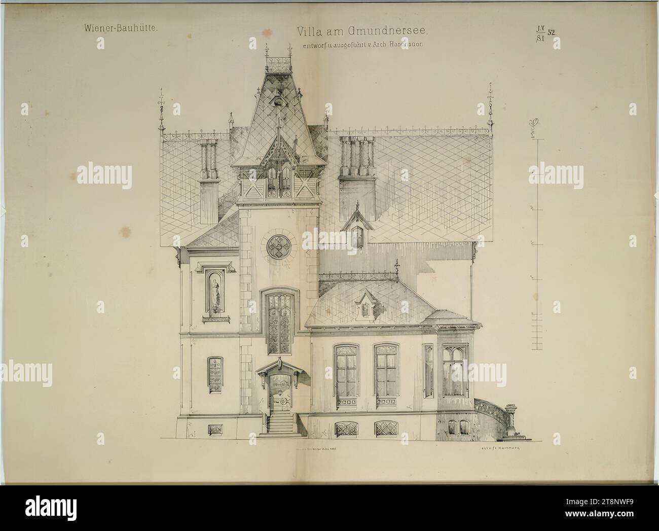 Oberösterreich, Traunsee, Altmünster, Villa Ranzoni, Südfassade, Elevation, Carl von Hasenauer (Wien 1833 - 1894 Wien), 1867, Architekturzeichnung, Break, 554 x 737 mm, Wiener Bauhütte, Villa am Gmundnersee./ gestaltet. Und von Arch ausgeführt. Hasenauer", "J. V./S I./52.", "Reproduktion vorbehalten Stockfoto