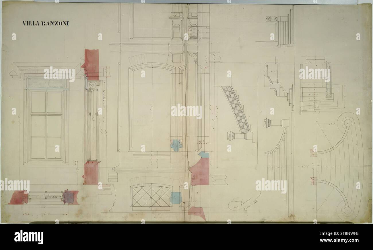 Oberösterreich, Traunsee, Altmünster, Villa Ranzoni, rechteckiges Fenster, Doppelfenster im Flur und Treppe zum Speisesaal und Saal, Grundrisse, Erhebungen und Abschnitte, Carl von Hasenauer (Wien 1833 - 1894 Wien), 1862, Plan, Bleistift, Stift und schwarze Tinte, Rot, Braun und Blau, Aquarell, 623 x 1039 mm, VILLA RANZONI Stockfoto