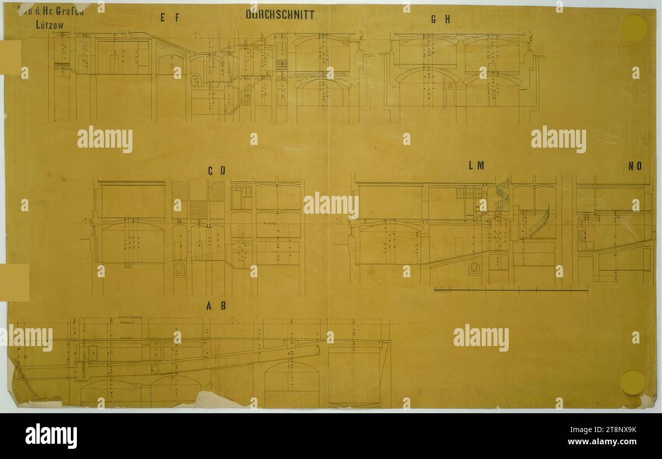 Wien I, Bösendorferstraße 13, Palais Lützow, Keller, verschiedene Schnitte, Carl von Hasenauer (Wien 1833 - 1894 Wien), um 1870, Plan, Transparentpapier auf Papier, Bleistift, Stift in schwarz und rot, 630 x 1008 mm, "(Ba )u d: HR: Grafen/ Lützow", "E F", "DURCHSCHNITT", "G H", "C D", „L M“, „N O“, „A B Stockfoto