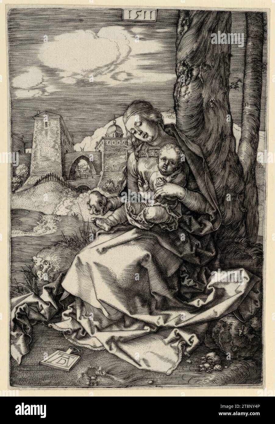 Maria mit der Birne, Albrecht Dürer (Nürnberg 1471 - 1528 Nürnberg), 1511, Druck, Kupferstich, Blatt: 16,1 x 11,1 cm Stockfoto