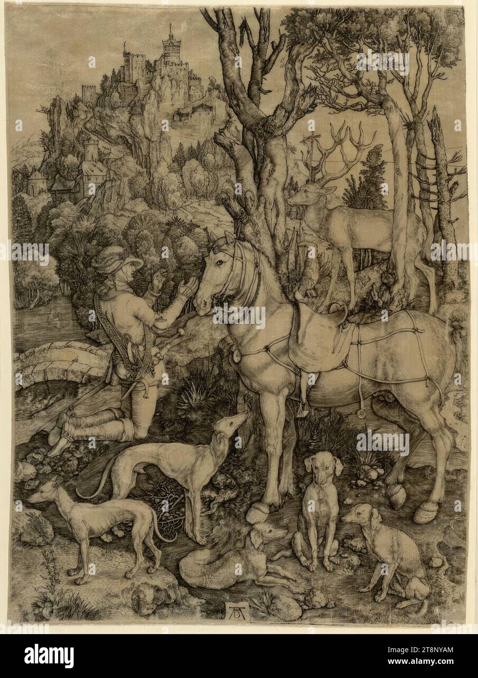 St. Eustace, Albrecht Dürer (Nürnberg 1471 - 1528 Nürnberg), um 1501, Druck, Kupferstich auf Seide (atlas), 35,9 x 26,4 cm Stockfoto