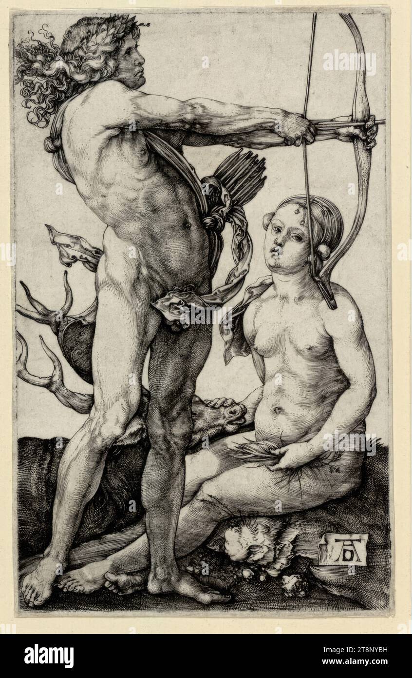 Apollo und Diana, Albrecht Dürer (Nürnberg 1471 - 1528 Nürnberg), um 1503/04, Druck, Kupferstich; Blatt ist zugeschnitten, Blatt: 11,7 x 7,3 cm Stockfoto