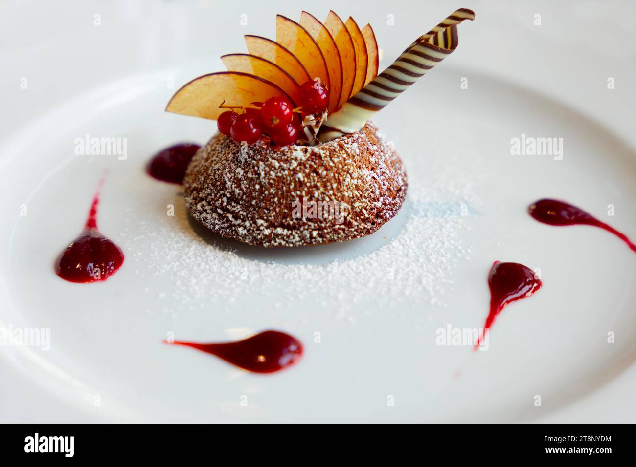 Wunderschönes Design Chocolate Mousse Dessert mit Obst auf einem Teller in der Schweiz Stockfoto