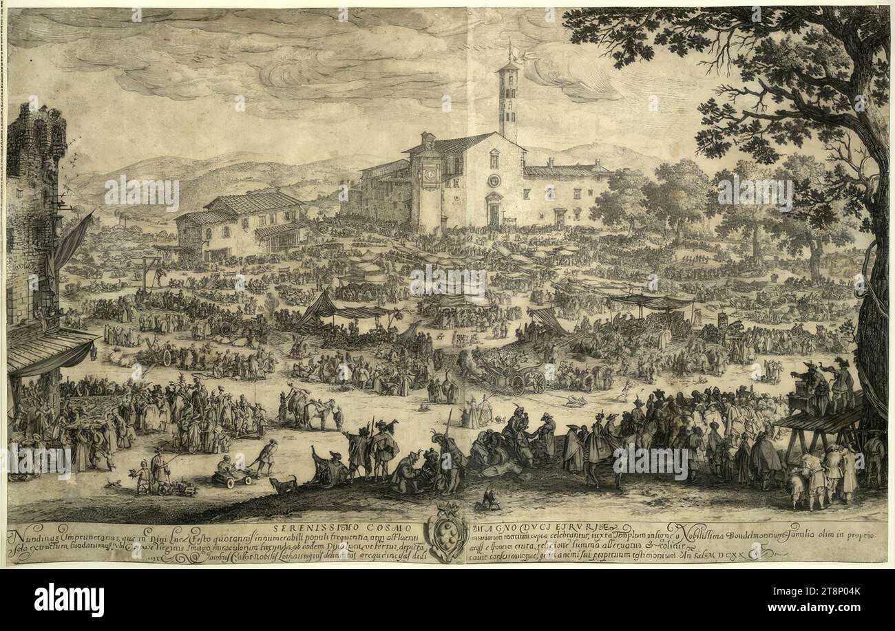 Die Messe von Impruneta, verschiedene Aussichten. Landschaften für Giovanni de Medici (Ansichten von Florenz; italienische Landschaften), Jacques Callot (Nancy 1592–1635 Nancy), 1620, Druckerei, Ätzen, 43 x 67,2 cm, Iacobus Callot Nobilis Lotharingus delinetas aereque incisas dedicavit ... MDCXX Stockfoto