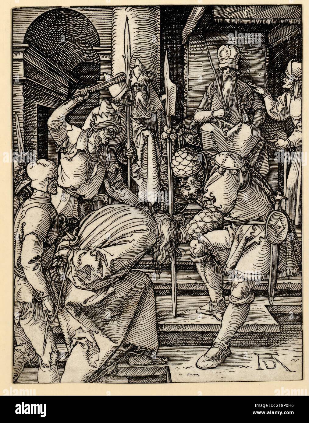 Christus vor Annas (kleine Passion, 13), die kleine Passion, Albrecht Dürer (Nürnberg 1471 - 1528 Nürnberg), um 1508/09, Druck, Holzschnitt; Blatt unten zugeschnitten, Blatt: 12,7 x 9,8 cm Stockfoto