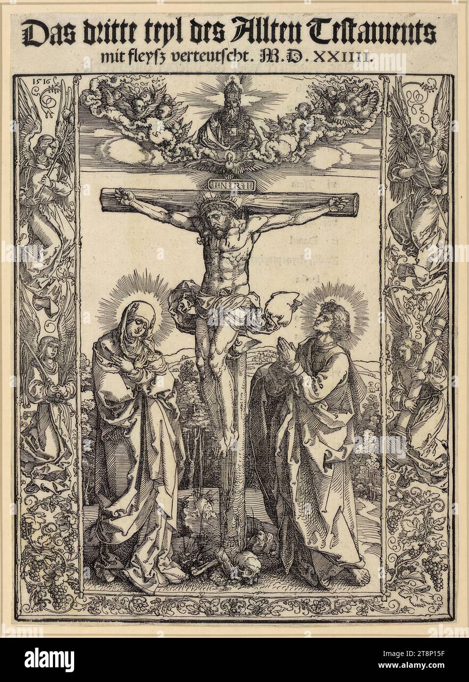Christus am Kreuz mit Engelsgrenze (Titelseite des 3. Teils von Martin Luthers Altem Testament, gedruckt von F. Peypus, Nürnberg 1524), Albrecht Dürer (Nürnberg 1471 - 1528 Nürnberg), 1516, Drucke, Holzschnitte und Schriftzüge, Blatt: 30, 1 x 22,6cm Stockfoto