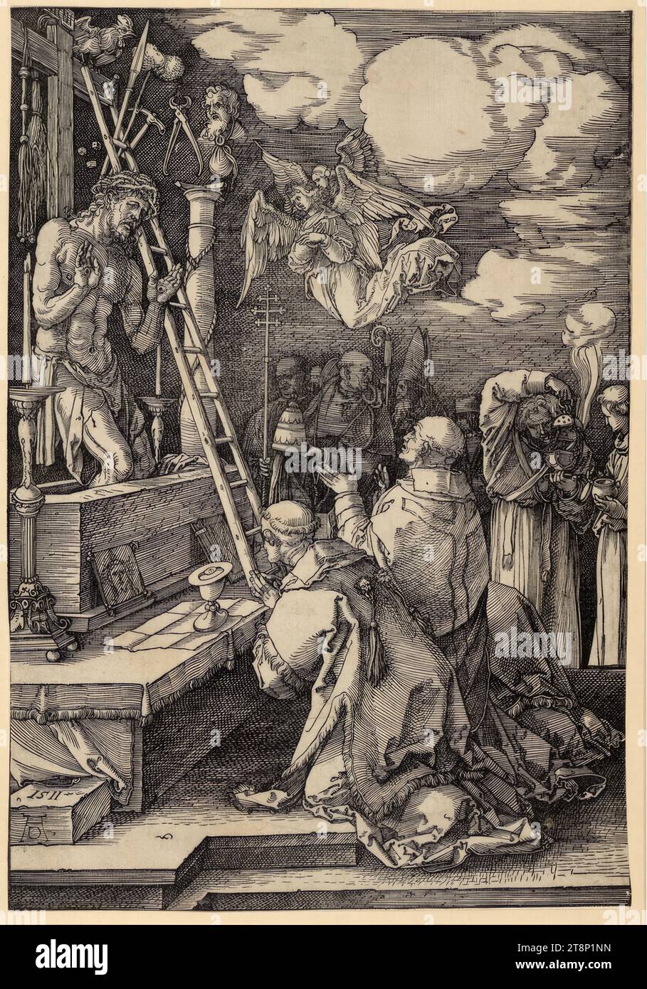 Die Messe des Heiligen Gregor, Albrecht Dürer (Nürnberg 1471–1528 Nürnberg), 1511, Druck, Holzschnitt; Blatt ist auf das Bild zugeschnitten, Blatt: 29,9 x 20,6 cm Stockfoto