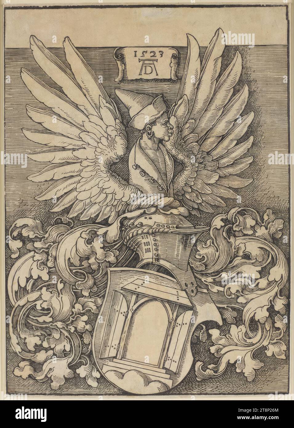 Albrecht Dürers Wappen, Albrecht Dürer (Nürnberg 1471 - 1528 Nürnberg), 1523, Druck, Holzschnitt; Blatt links und rechts bis zum Plattenrand zugeschnitten, Blatt: 36,5 x 26,4 cm Stockfoto