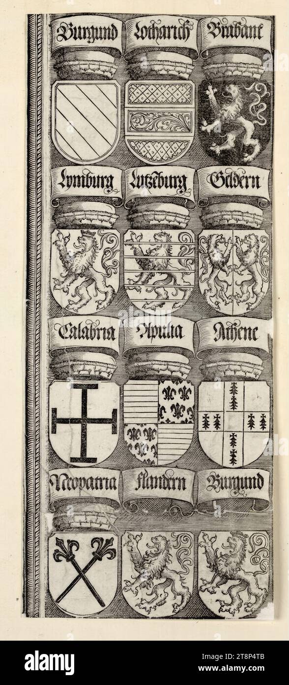 Wappen des burgundischen Erbes (Ehrenbogen Kaiser Maximilians I., Zentralportal, A 2,82–93), Ehrenbogen Kaiser Maximilians I., Hans Springinklee (Nürnberg 1490/95 – um 1540 Nürnberg), 1515, Druck, Holzschnitt Stockfoto