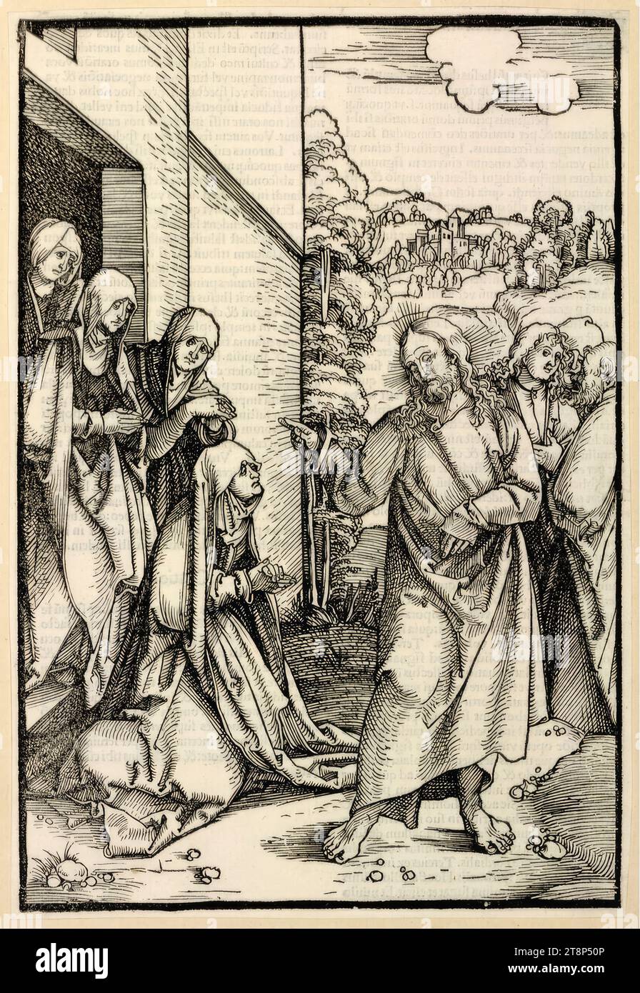 Christus nimmt Abschied von seiner Mutter, Ulrich Pinder, Speculum passionis, Nürnberg 1507, Hans Schäufelin (Oberrhein um 1482/83 - 1539/40 Nördlingen), 1507, Druck, Holzschnitt, Verso-Schrift, Blatt: 24,2 x 16,5 cm Stockfoto