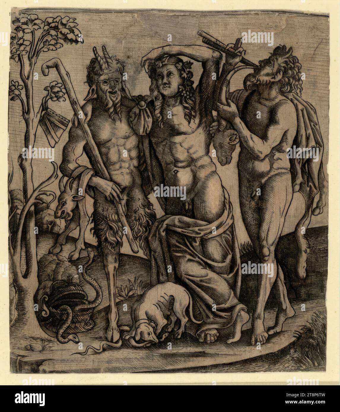 Bacchus mit Satyr und Faun, Anonym, (Anfang 16. Jahrhundert), Druck, Kupferstich, 155 mm x 138 mm Stockfoto