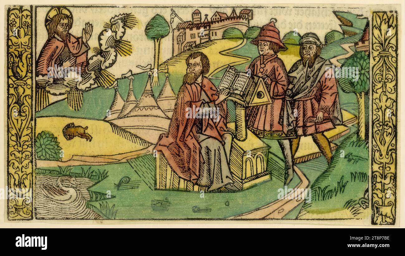 Moses schreibt die zehn Gebote auf, Illustration für die deutsche Bibel, Johannes Otmar Ausgabe, Augsburg 1507, Johannes Otmar (aktiv um 1482-1514 in Reutlingen (Geburtsort), Tübingen, Augsburg), 1507, Druck, Holzschnitt, farbig, Blatt: 8, 7 x 15,7 cm Stockfoto