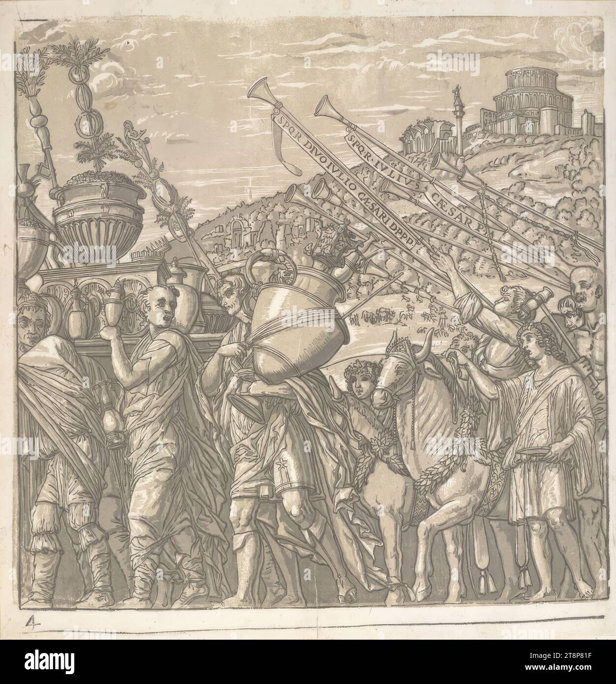 Der Triumph von Julius Cäsar: Blatt 4, der Triumph von Julius Cäsar, Andrea Andreani (Mantua (zwischen 1541 und 1559) - (zwischen 1623 und 1629) Mantua), 1599, Druckerei, clair obscur Holzschnitt von vier Platten Stockfoto