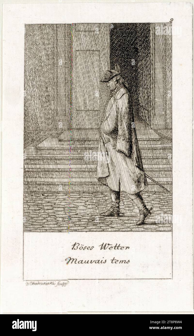 Natürliche und betroffene Handlungen im Leben, 2. Serie: Schlechtes Wetter, natürliche und betroffene Handlungen im Leben, 2. Serie, Daniel Nikolaus Chodowiecki (Danzig 1726 - 1801 Berlin), 1779, Druck, Kupferstich, Ätzen, Blatt: 8,5 cm x 5 cm Stockfoto