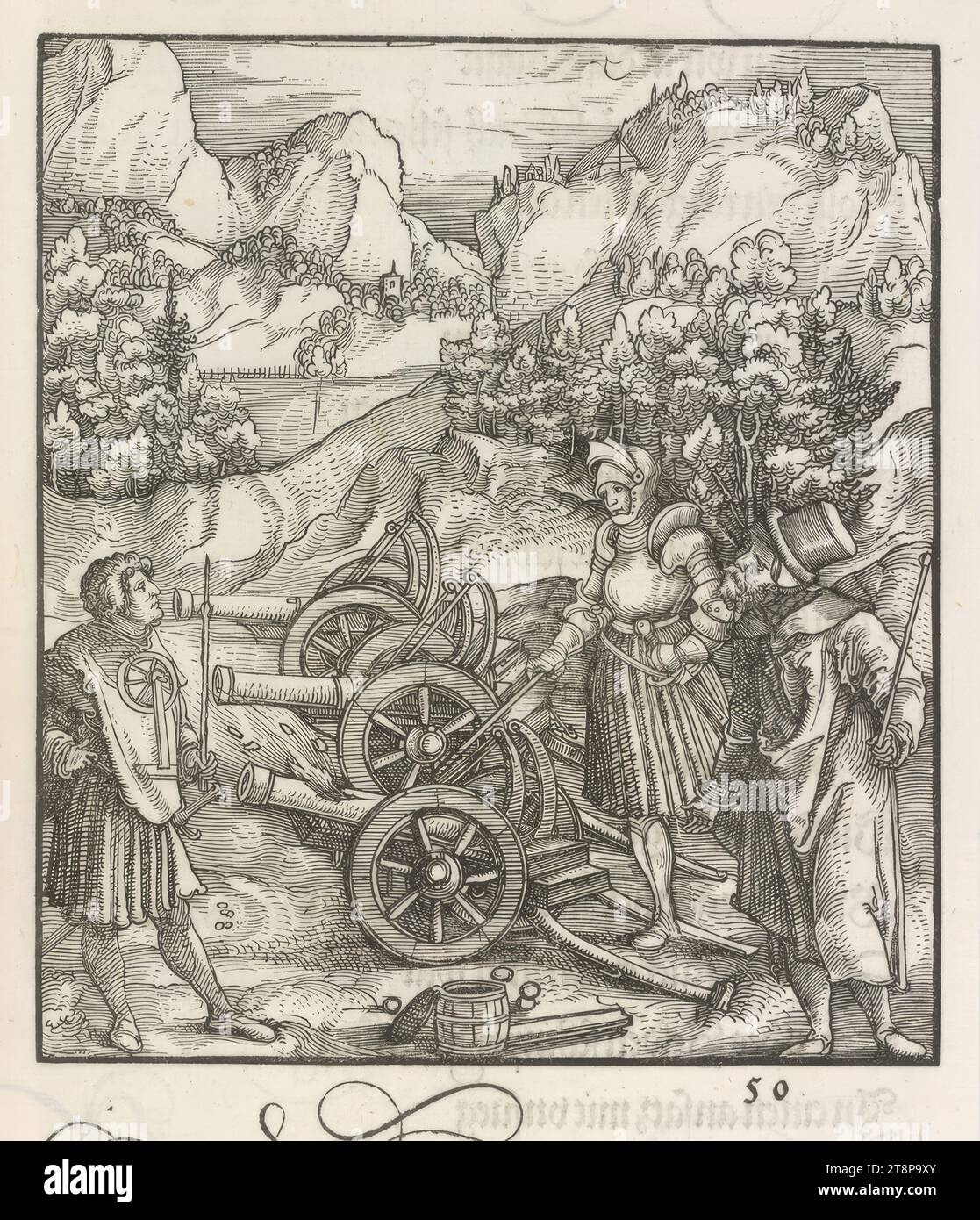 Theuerdank: Bild 50 - während Theuerdank in voller Rüstung eine von drei Kanonen zündet, explodiert sie, die Theuerdank von Kaiser Maximilian I., Hans Schäufelin (Oberrhein um 1482/83 - 1539/40 Nördlingen), 1517, Druck, Holzschnitt, Blatt: 34,7x24,3cm Stockfoto