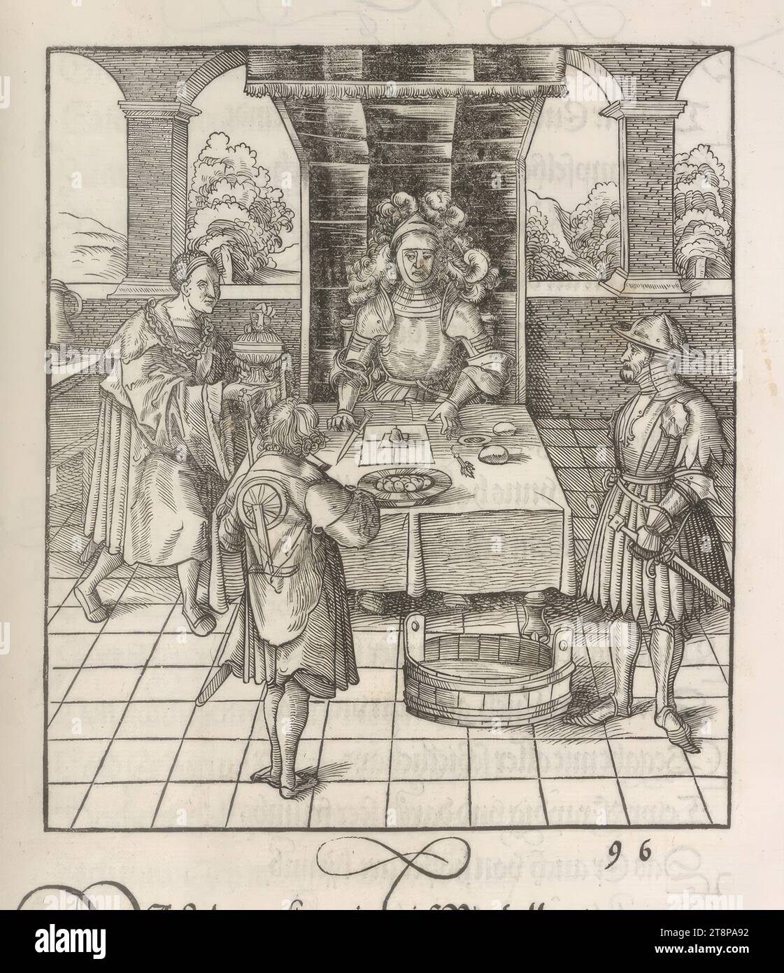 Theuerdank: Bild 96 - Theuerdank sitzt auf einem Thron am Tisch und erhält vergiftetes Essen, das Theuerdank von Kaiser Maximilian I., Leonhard Beck (Augsburg um 1475/80–1542 Augsburg), 1517, Druck, Holzschnitt, Blatt: 34 .7 x 24,3 cm Stockfoto