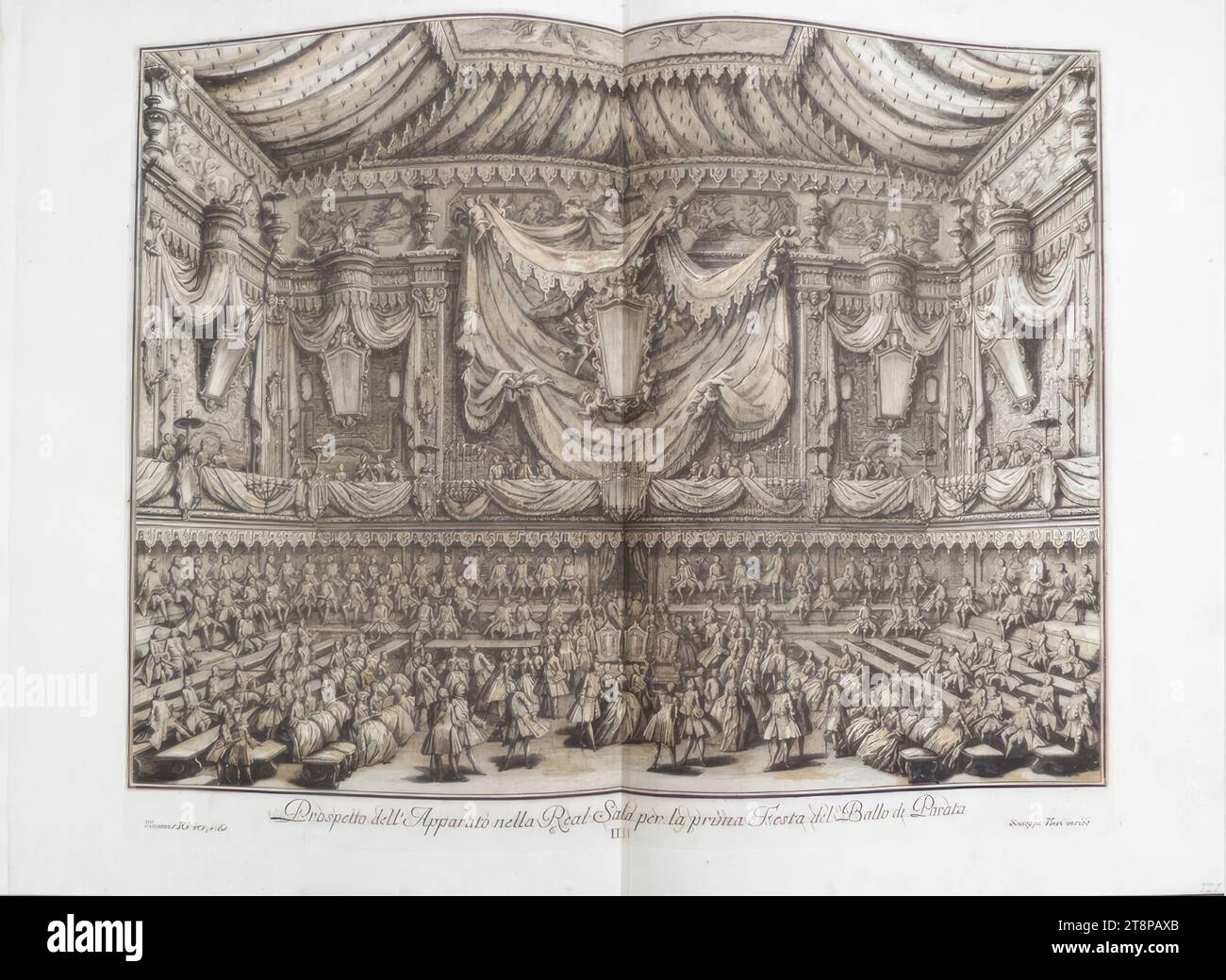 ERZÄHLUNG DER FEIERLICHEN KÖNIGLICHEN FEIERLICHKEITEN, DIE ... IN NEAPEL GEFEIERT WURDEN: Prospekt des Apparates im Königlichen Saal ... (Tafel II), Giuseppe Vasi (Corleone 1710 - 1782 Rom), 1749, Druckgraphik, Radierung, Blatt: 55,6 x 83 cm Stockfoto