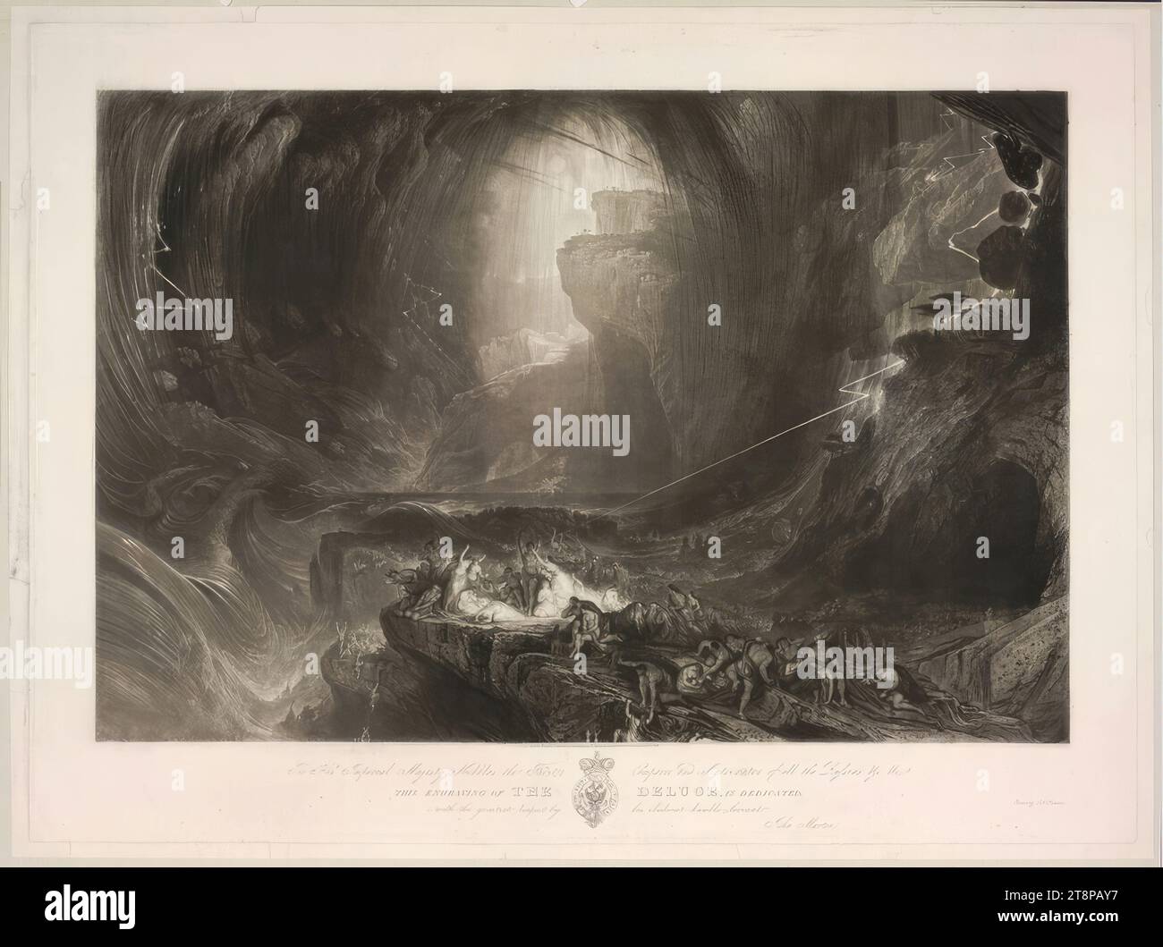 The Deluge, John Martin (Hexham, Northumberland 1789 - 1854 Isle of man), 1828, Druck, Ätzung, Mezzotint, Blatt: 62,4 x 83,9 cm, unten '.../...DIE SINTFLUT.../...' In der Presse Stockfoto