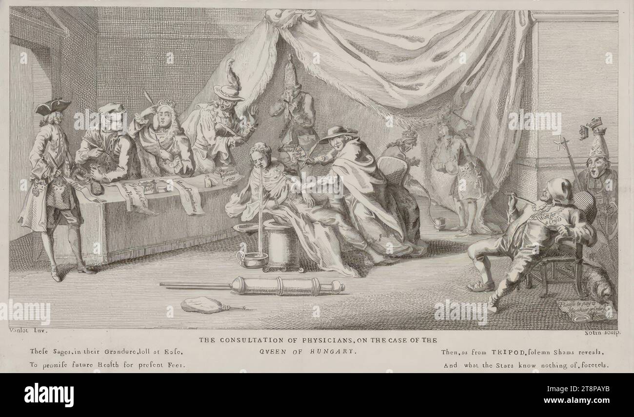 Europäischer Ärzterat um Maria Theresia (Karikatur des Österreichischen Erbfolgekrieges), 1742, (nach) 1742, Druck, Kupferstich, Ätzen, Blatt: 19,6 x 32,9 cm Stockfoto