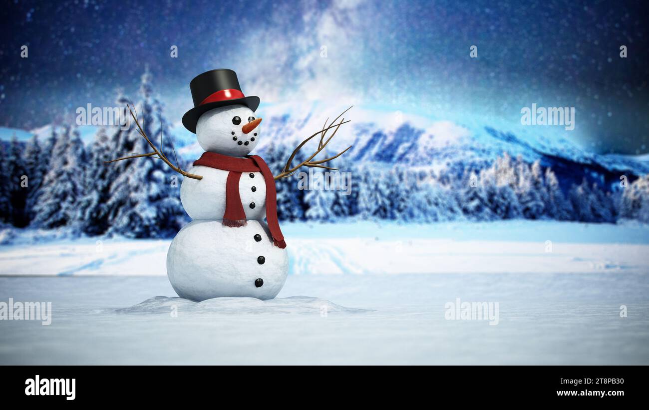 Schneemann, der auf verschneiten Böden vor dem Nachthimmel steht. 3D-Abbildung. Stockfoto