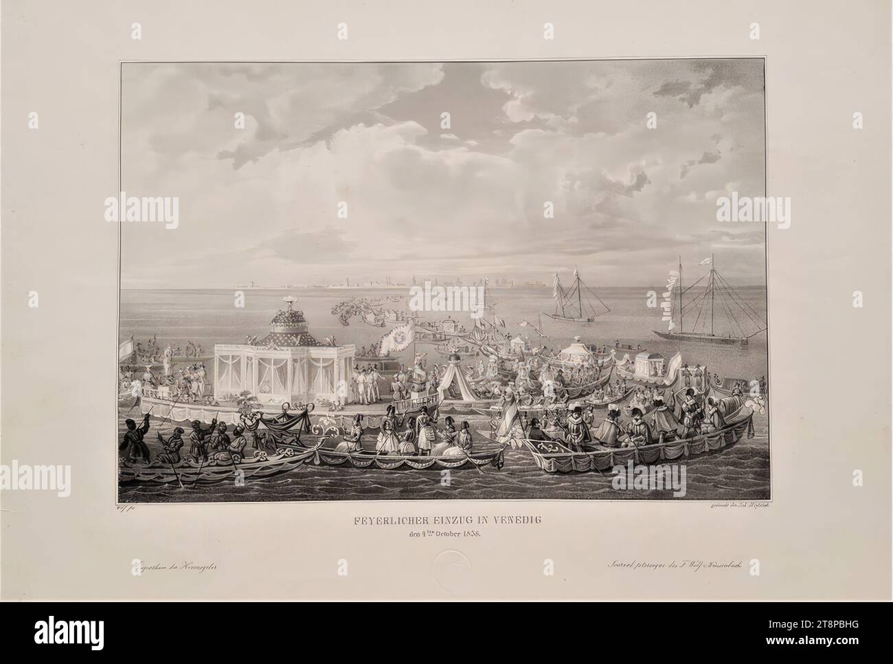 Ankunft des kaiserlichen Ehepaares Ferdinand I. und Maria Anna von Österreich in Venedig am 4. Oktober 1838, aus: Journal pittoresque. Malerische Skizzen der neuesten Seltsamkeiten, Vorkommnisse und Phänomene im Leben. Von den geschicktesten Künstlern aus der Natur gezeichnet und von Franz Wolf Lithographie erstellt. Herausgegeben von Franz Wolf und Friedrich von Weissenbach, Ausgabe 21, Wien 1838, Bildtafel 4, 1838, Drucke, Lithografie auf Papier, Blatt: 35 x 50,5 cm, runder Blindstempel „FW“ (Recto) Stockfoto