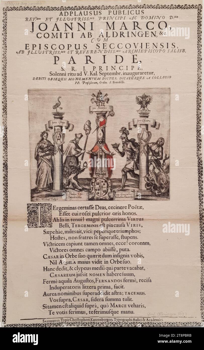 Flugblatt zur Weihe von Johann Markus Graf von Aldringen zum Bischof von Seckau 1633, 1633, Druckgraphik, Kupferstich auf Papier, Blatt: 50,5 x 31,3 cm, [M.o.] 'öffentlicher Beifall | Rev.Mo und illustre.Mo Fürst und Herr D.no | John Mark, | Grafen aus Aldringen, &c.. | mit | Bischof von Seccoviensis, | vom illustren und ehrwürdigen Erzbischof von Salisbury | Paride, | S.R.I. Prince, | feierlicher Ritus an V. Kal. September würde installiert, | das besagte Denkmal des gebührenden Gehorsams, und vom College geweiht | PP Orden der Professoren. St. Benedict.“; [M.u.] „Salisburg Stockfoto