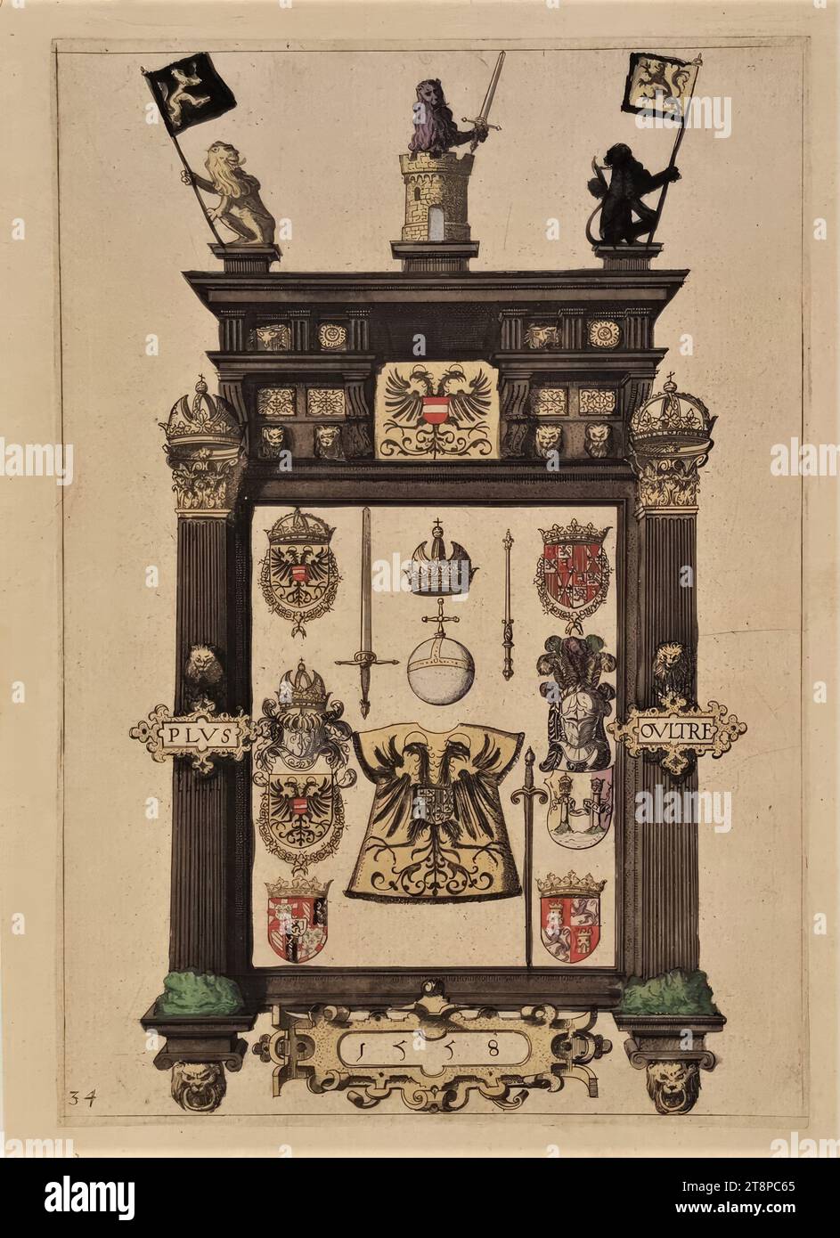 Trauerzeremonien für Kaiser Karl V. am 29. Dezember 1558 in Brüssel: Prozession (Platte 34), Warhaftiche, Grundbeschreibung und tatsächliche Beschreibung der schönen Zeremonien, und Prozession, so weiter die ... Lord Caroli V. Rom. Kay. Mai. Bannknus nach Brussel in Brabant, durch Philippum Ku. Mai. Von Hispania ... Am XXIX. Decembris des M.D.LVIII iars, den Haag, Hendrick Hondius, ca. 1615 (1619), ca. 1615 (1619), Druckerei, Ätzen, Aquarelle, auf Papier, Blatt: 26,1 x 19,1 cm, [l.b.] ' 34' (in der Abbildung) Stockfoto