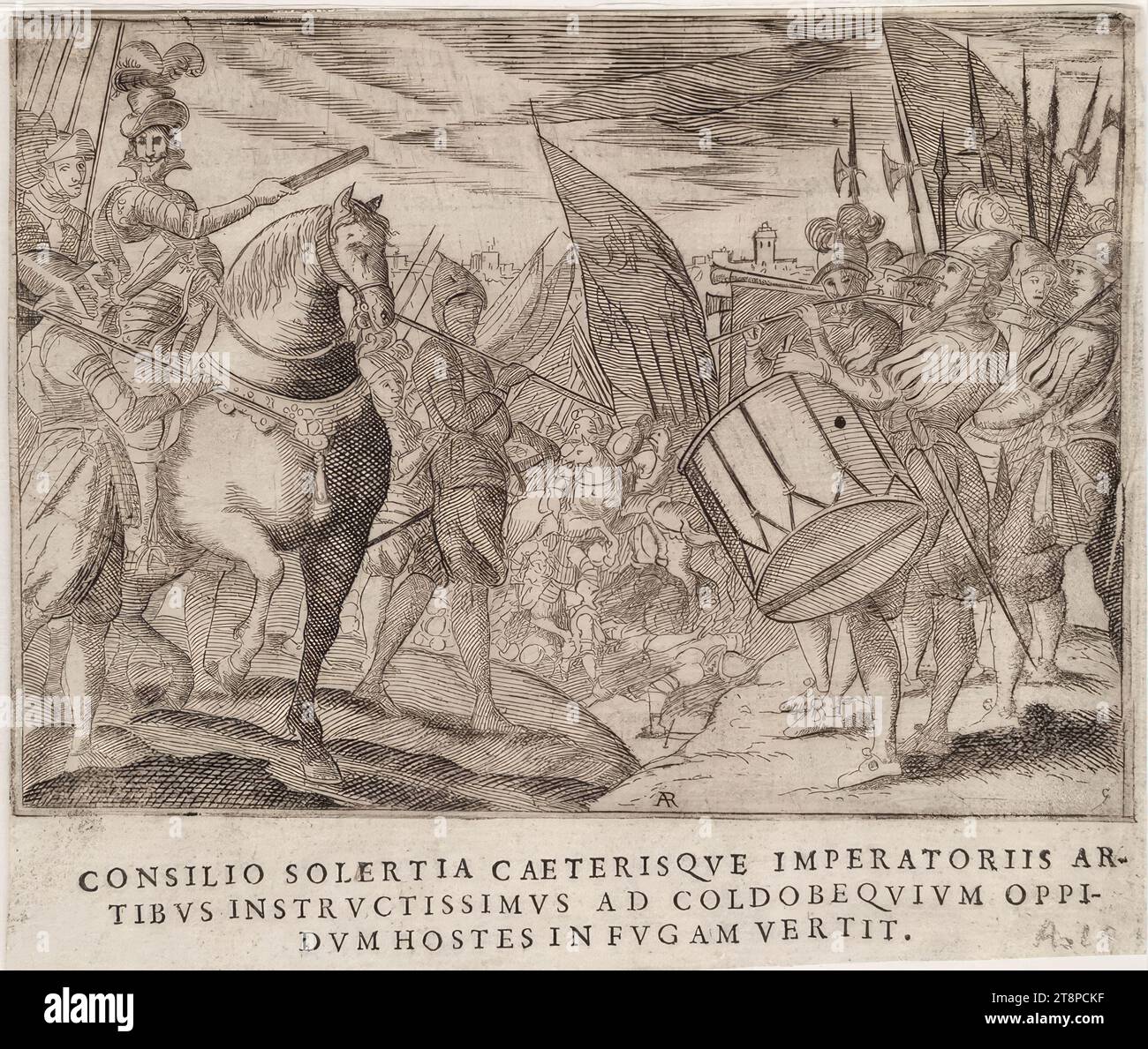 Szene aus dem Leben von König Heinrich IV. Von Frankreich (Giraldi, Esequie d’Arrigo quarto ..., Textbild 9), aus: Giuliano Giraldi, Esequie d’Arrigo quarto cristianissimo Re di Francia, e di Navarra. Feiern Sie in Firenze dal serenissimo Don Cosimo II Granduca di Toscana, Florenz, Bartolommeo Sermartelli e fratelli, 1610, S. 28, 1610, Gravur und Text auf Papier, Blatt: 13,6 x 16,1 cm, [R.b.] ' 9' (innerhalb der Darstellung Stockfoto