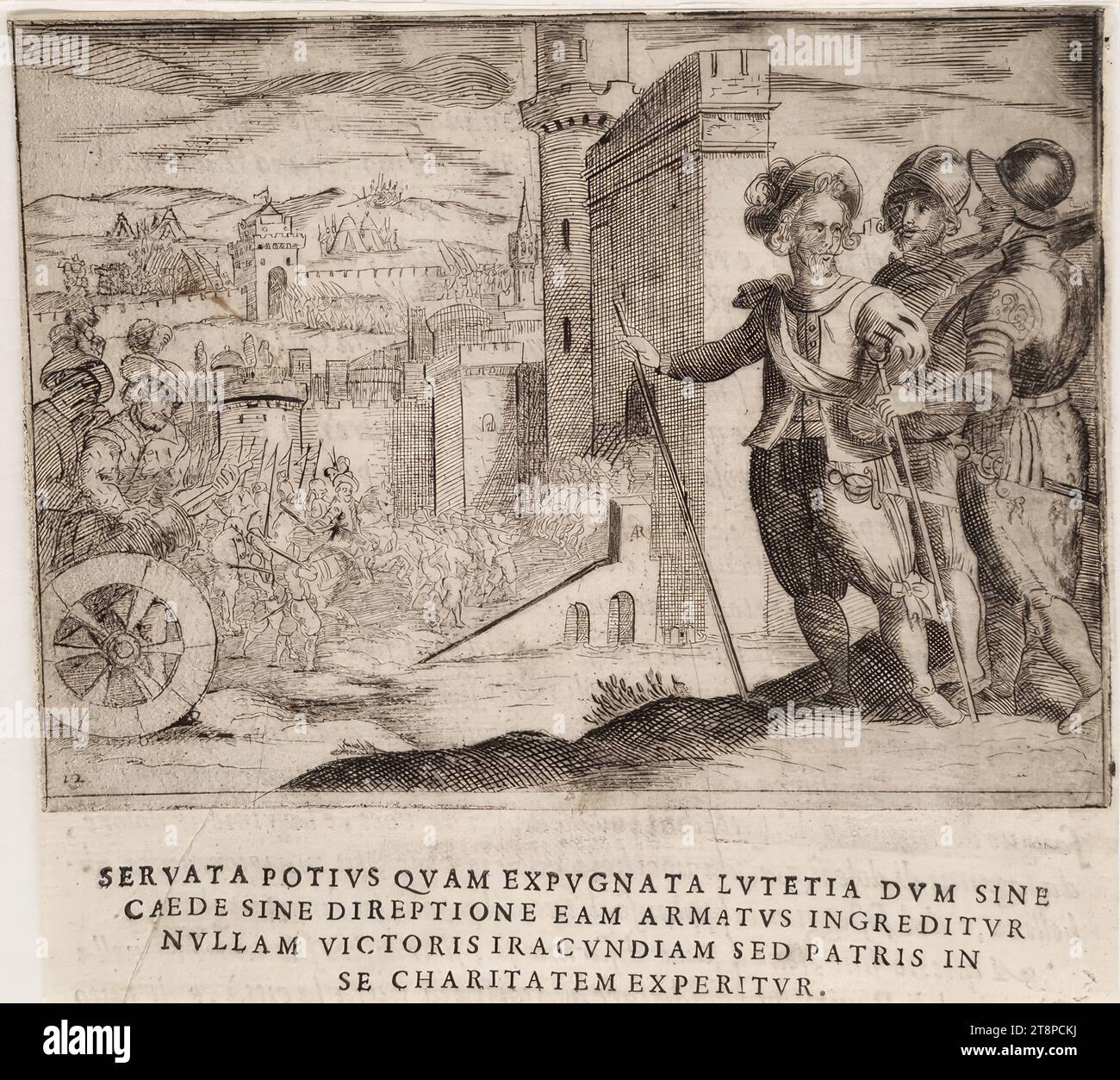 Szene aus dem Leben von König Heinrich IV. Von Frankreich (Giraldi, Esequie d’Arrigo quarto ..., Textbild 12), aus: Giuliano Giraldi, Esequie d’Arrigo quarto cristianissimo Re di Francia, e di Navarra. Feiern Sie in Firenze dal serenissimo Don Cosimo II Granduca di Toscana, Florenz, Bartolommeo Sermartelli e fratelli, 1610, S.32, 1610, Gravur und Text in Schriftzug auf Papier, Blatt: 15,2 x 16,5 cm, [von links nach unten] ' 12' (innerhalb der Darstellung) Stockfoto
