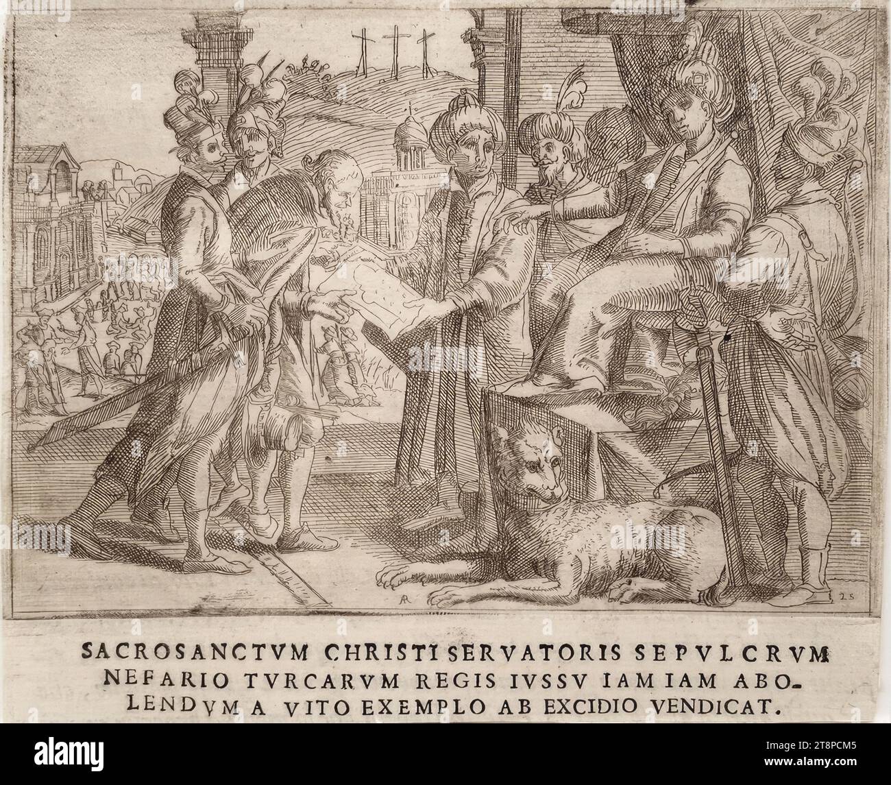 Szene aus dem Leben von König Heinrich IV. Von Frankreich (Giraldi, Esequie d’Arrigo quarto ..., Textbild 25), aus: Giuliano Giraldi, Esequie d’Arrigo quarto cristianissimo Re di Francia, e di Navarra. Feiern Sie in Firenze dal serenissimo Don Cosimo II Granduca di Toscana, Florenz, Bartolommeo Sermartelli e fratelli, 1610, S.46, 1610, Ätzen und Text auf Papier, Blatt: 13,5 x 16,1 cm, [R.b.] ' 25' (innerhalb der Darstellung Stockfoto