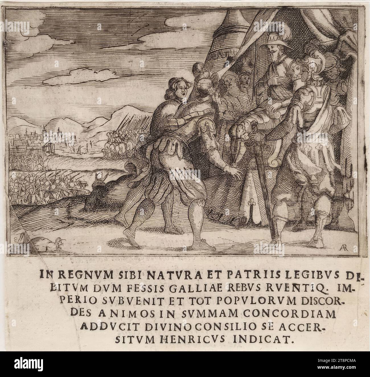 Szene aus dem Leben von König Heinrich IV. Von Frankreich (Giraldi, Esequie d’Arrigo quarto ..., Textbild 3), aus: Giuliano Giraldi, Esequie d’Arrigo quarto cristianissimo Re di Francia, e di Navarra. Feiern Sie in Firenze dal serenissimo Don Cosimo II Granduca di Toscana, Florenz, Bartolommeo Sermartelli e fratelli, 1610, S. 22, 1610, Ätzung und Text auf Papier, Blatt: 16 x 16,8 cm, [von links nach unten] '3' (innerhalb der Darstellung, gespiegelt Stockfoto