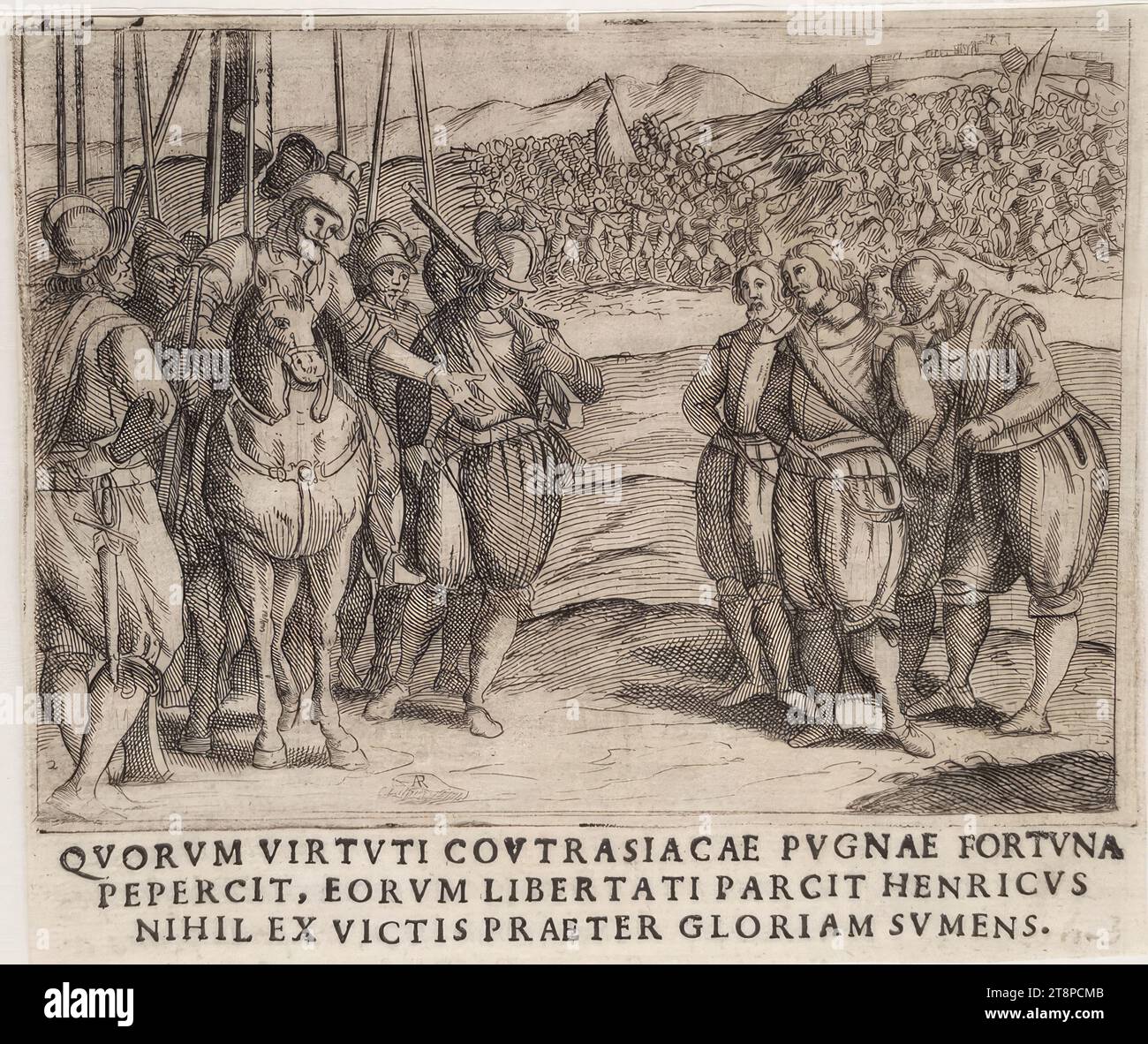 Szene aus dem Leben von König Heinrich IV. Von Frankreich (Giraldi, Esequie d’Arrigo quarto ..., Textbild 2), aus: Giuliano Giraldi, Esequie d’Arrigo quarto cristianissimo Re di Francia, e di Navarra. Feiern Sie in Firenze dal serenissimo Don Cosimo II Granduca di Toscana, Florenz, Bartolommeo Sermartelli e fratelli, 1610, S.20, 1610, Gravur und Text in Schriftzug auf Papier, Blatt: 14,1 x 16,5 cm, [von links nach unten] ' 2' (innerhalb der Darstellung) Stockfoto